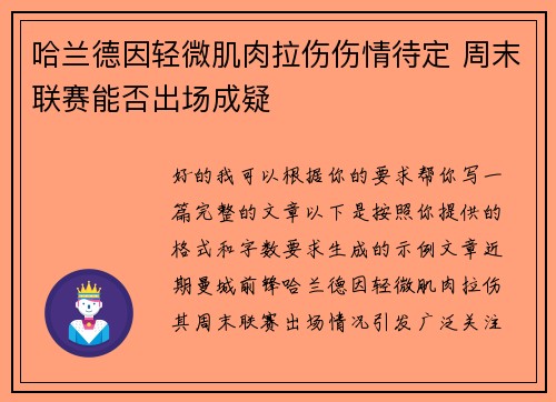 哈兰德因轻微肌肉拉伤伤情待定 周末联赛能否出场成疑