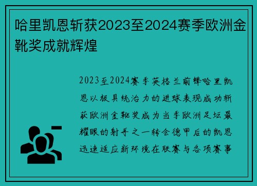哈里凯恩斩获2023至2024赛季欧洲金靴奖成就辉煌 哈里凯恩斩获2023至2024赛季欧洲金靴奖成就辉煌